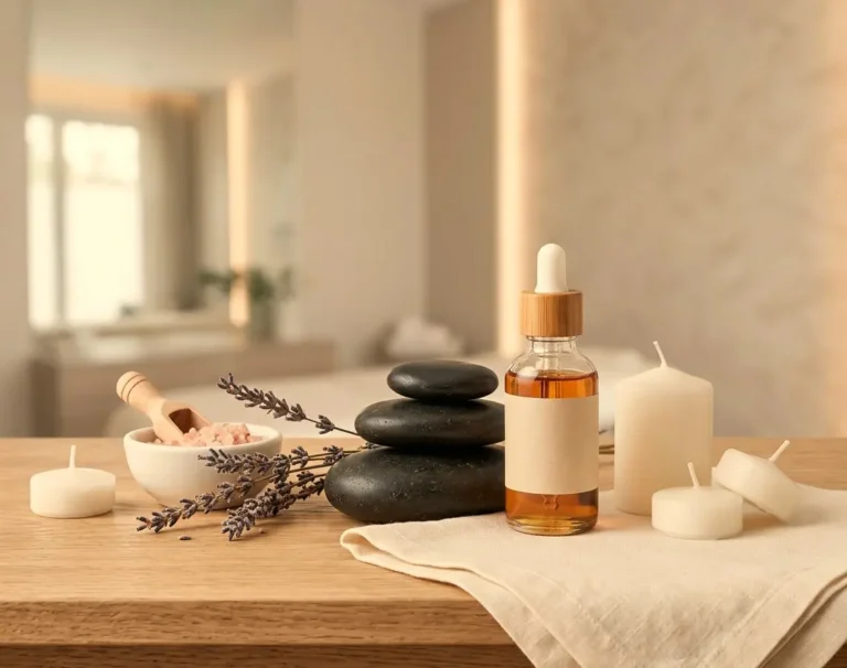 Rappresentazione di cos'è la bellezza olistica con oli essenziali, pietre calde e lavanda per il benessere naturale.