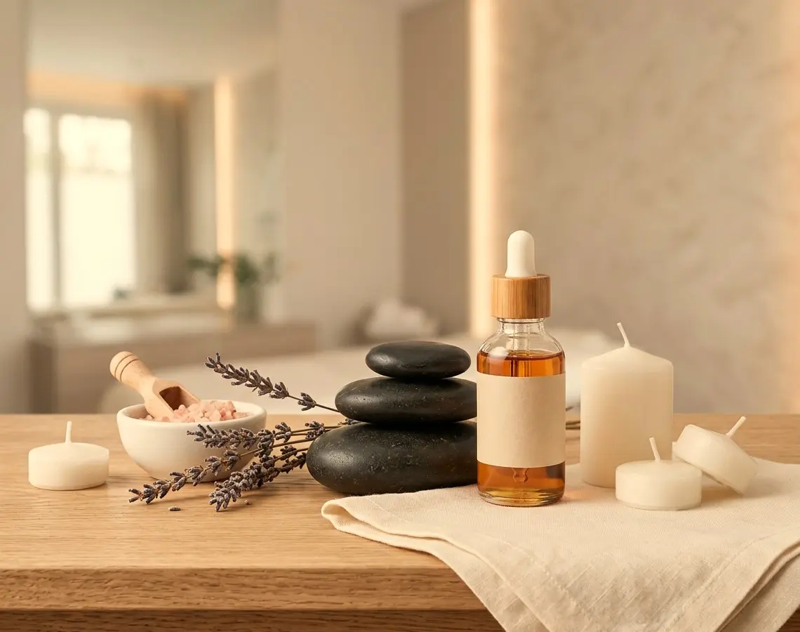 Rappresentazione di cos'è la bellezza olistica con oli essenziali, pietre calde e lavanda per il benessere naturale.
