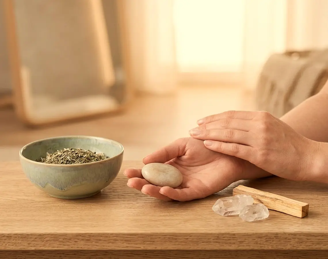 Mani in un rituale olistico per spiegare cos'è la bellezza olistica e l'equilibrio tra mente e corpo.