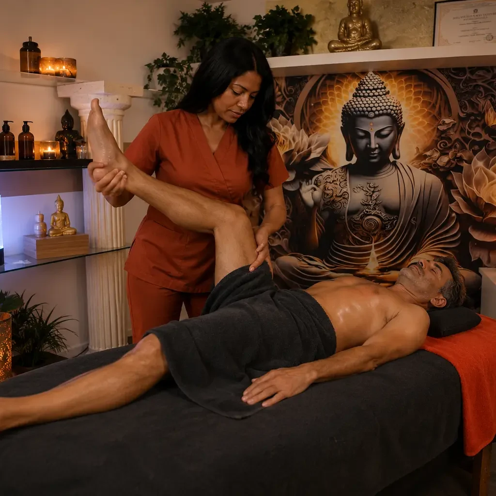 Massaggi corpo ayurvedici con stretching e oli naturali in ambiente olistico.