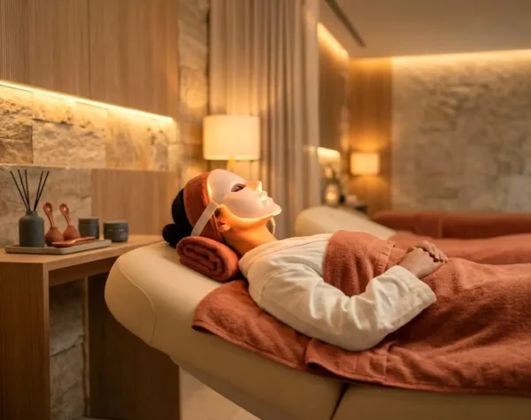 Donna rilassata durante un trattamento estetico professionale con maschera viso a LED in una spa.