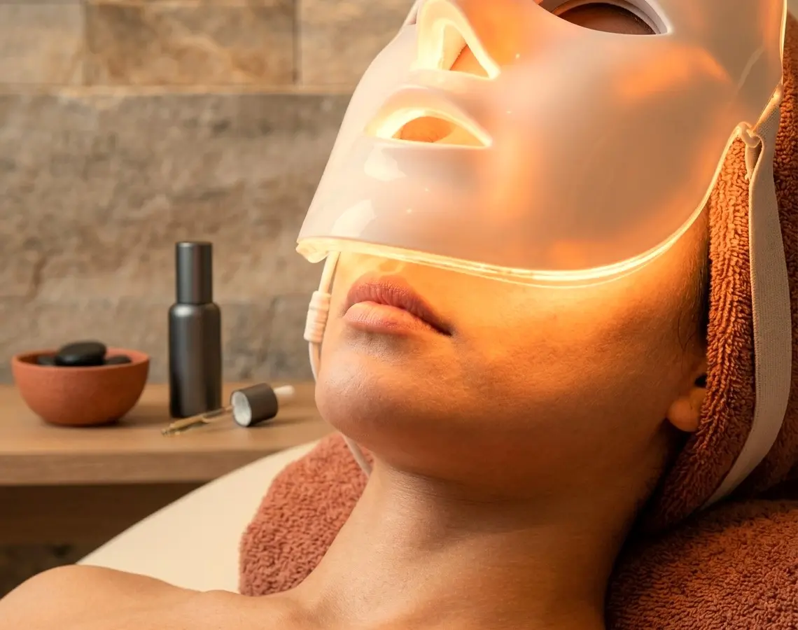 Dettaglio in primo piano dell'applicazione della maschera viso a LED e la sua luce terapeutica.